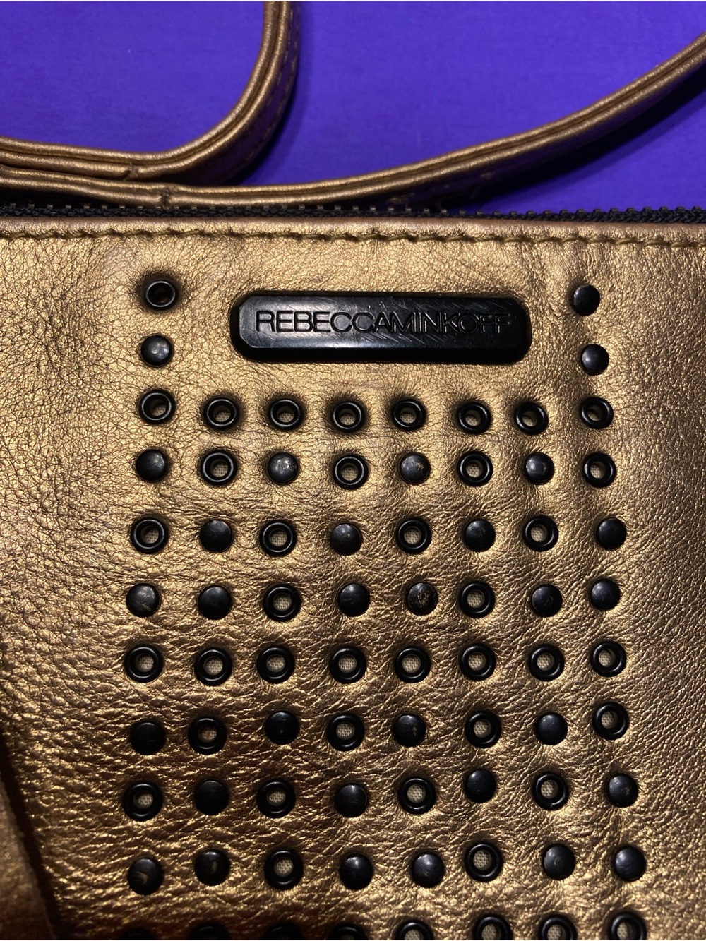 Rebecca Minkoff Metallic Gold Studded Crossbody Bag - Picture 3 of 6